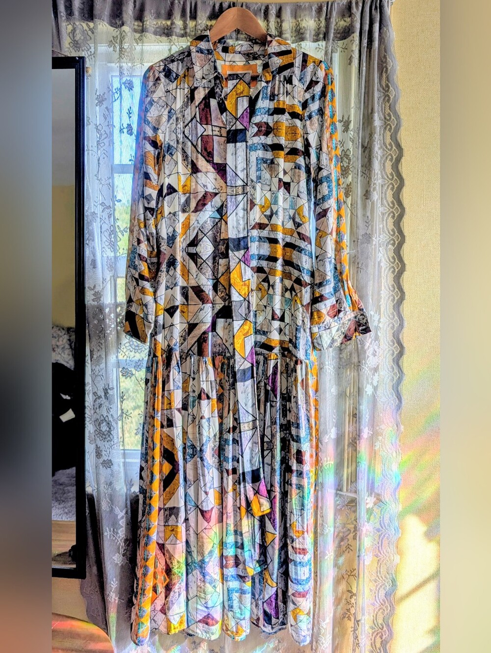 Anthropologie Geometric Print Long Sleeve Maxi Dress With Belt